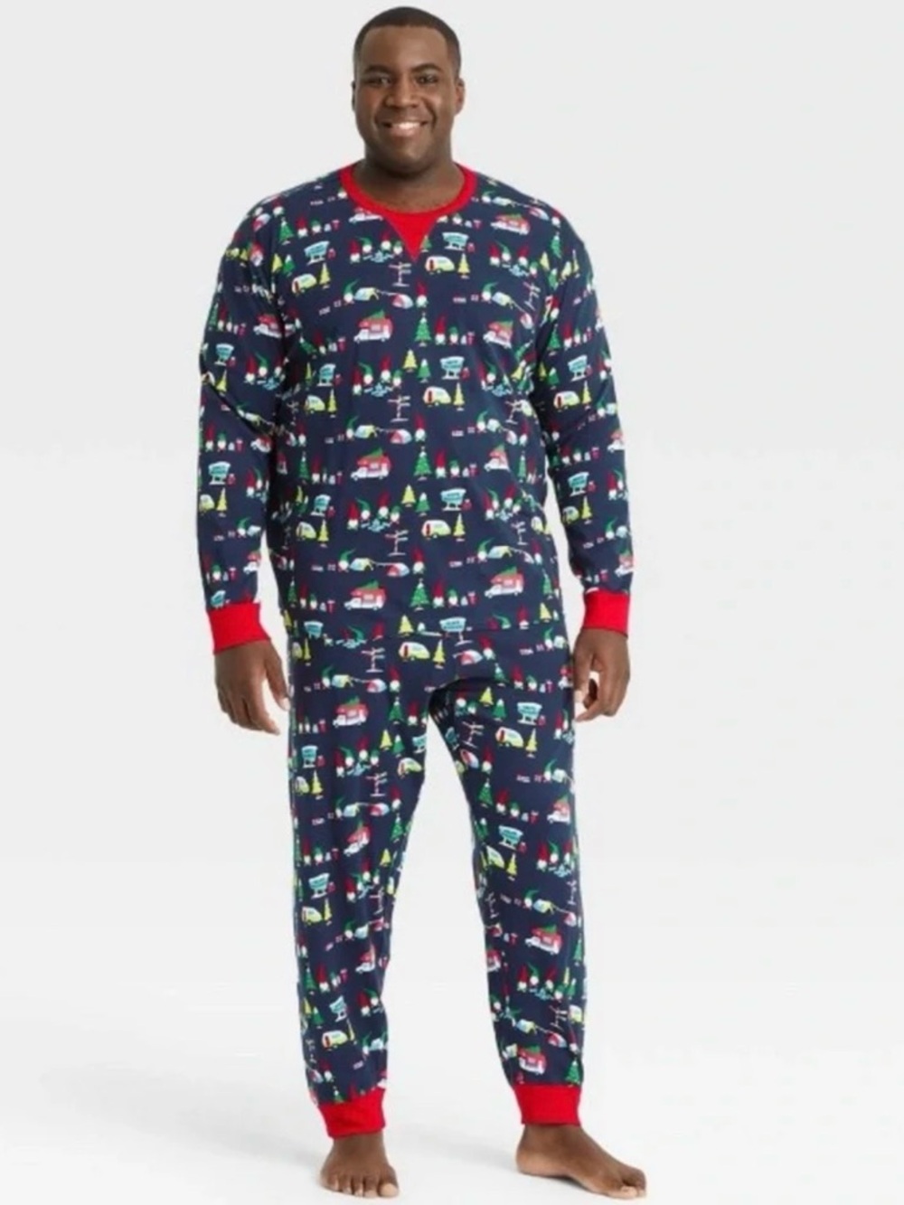 Men’s Navy Holiday gnomez Pajama Set - Red Trim NWT